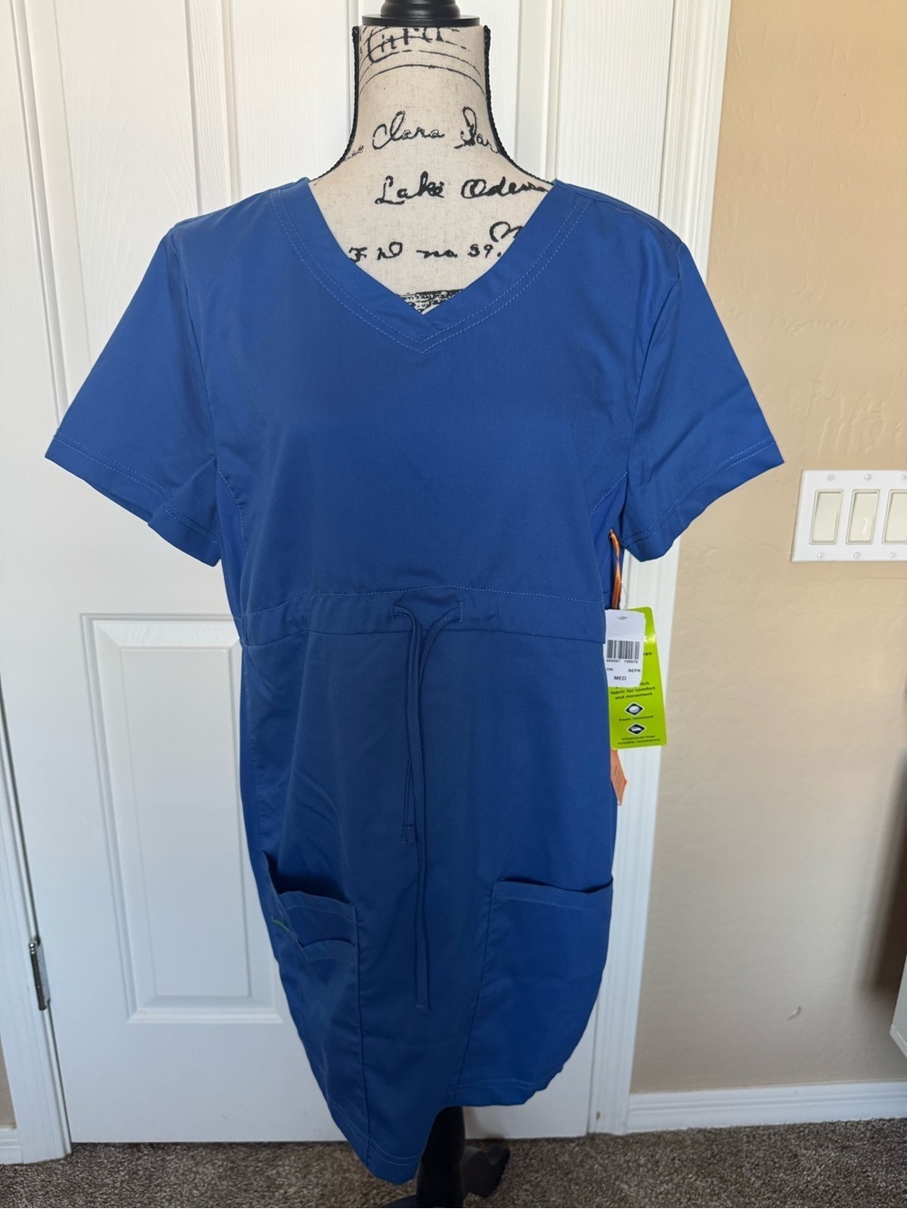 Landau Women's V-Neck Drawstring Scrub Modern Fit Top Blue Medium With Pockets